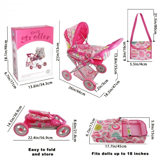 Baby Doll Stroller Set With 2 Free Doll Carriage Bags Fits Dolls Up To 18 Inches - The First Foldable Baby Pram Toy With Adjustable Handle And Canopy - Girls Birthday Gift